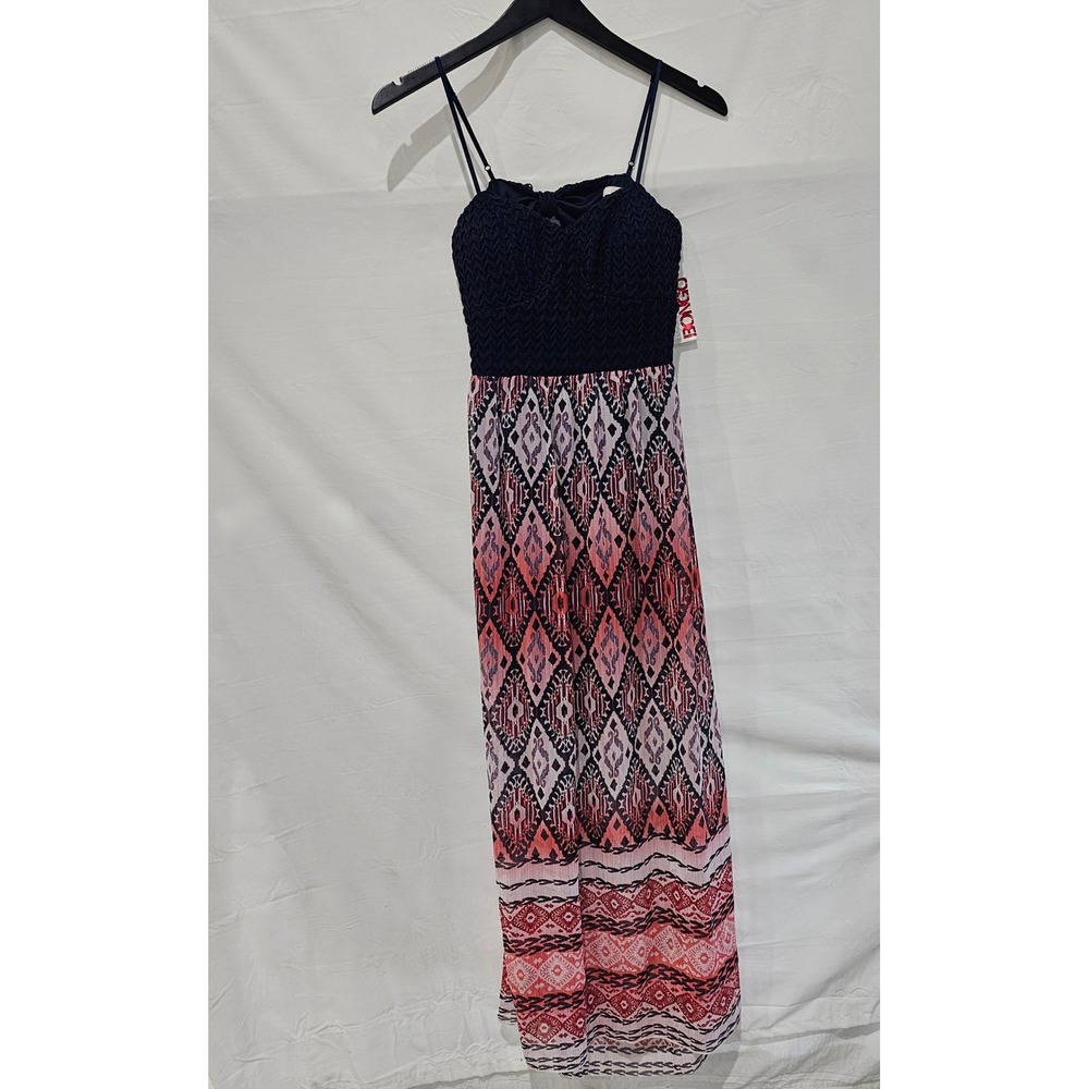 New Bongo Juniors XL Navy Pink Geometric Crochet Bodice Open Back Maxi Dress NWT